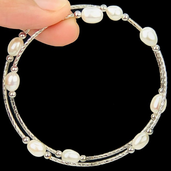 Spiral Freshwater Soft White Pearl Bracelet, Bangle Style Silver - DuskGrand