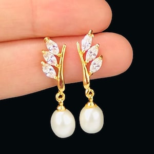 Gold Plated , CZ, Cultured Freshwater Pearl Drop Earrings - DuskGrand