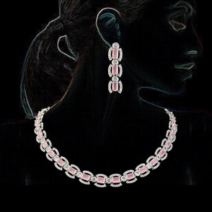 Cubic Zirconia Diamonds Necklace Earrings Set, Baby Pink Necklace Earrings, Silver Choker Necklace Earrings, Engagement Set, Indian jewelry