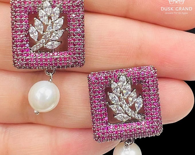 Oxidized Square Earrings: Pink CZ, Pearl Drop, Leaf Design - DUSKGRAND