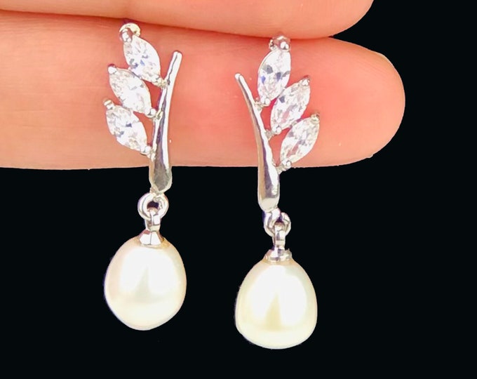 Silver, CZ,  Cultured Freshwater Pearl Drop Earrings - DuskGrand