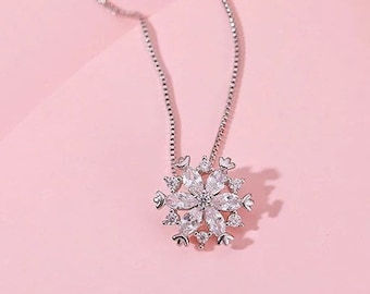 Silver Snowflake Necklace: Cubic Zirconia Pendant, Korean Fashion - DUSKGRAND