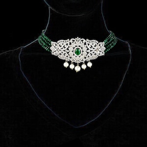 Green Cubic Zirconia Necklace Earrings: Gold Indian Jewelry Set
