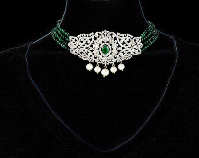 Cubic Zirconia Necklace Earrings , Green Necklace Earrings, Gold Color Choker Necklace , Shell Pearl , semi precious stone Indian jewelry
