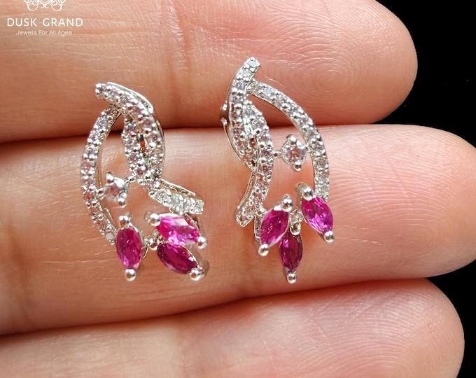 Simulant Ruby Pink  Stone Stud Earrings | Silver Tone CZ Leaf Design Earrings | Elegant Crystal Studs | Gift for Her - DUSKGRAND