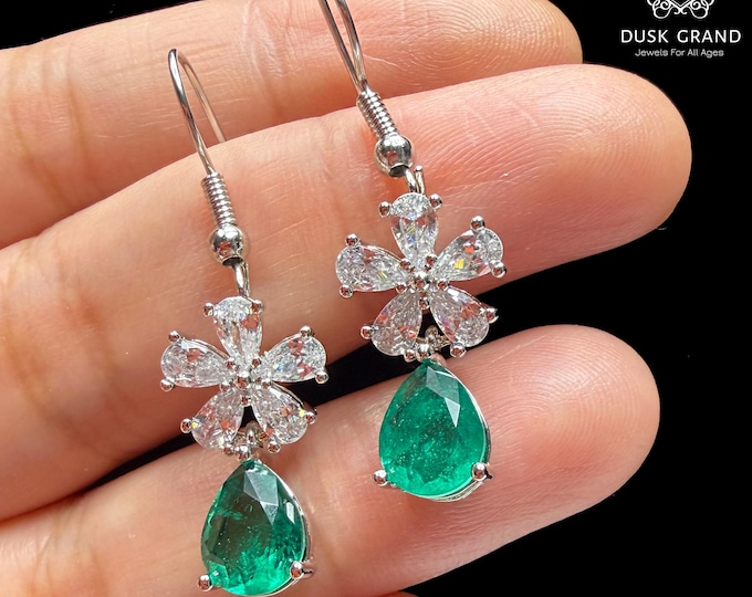 Elegant Green Teardrop Dangle Hoop Earrings | Sparkling Flower CZ Crystal Studs | Silver Tone Statement Earrings | Gift for Her - DUSKGRAND