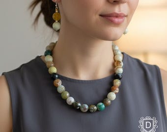 Handmade Multicolor Agate Beaded Necklace and Earring Set: Natural Stone Jewelry - DUSKGRAND