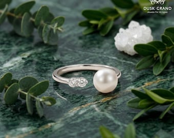 Cultured Freshwater Water Soft White  Colored Pearl with CZ studded, Open End Ring- DuskGrand