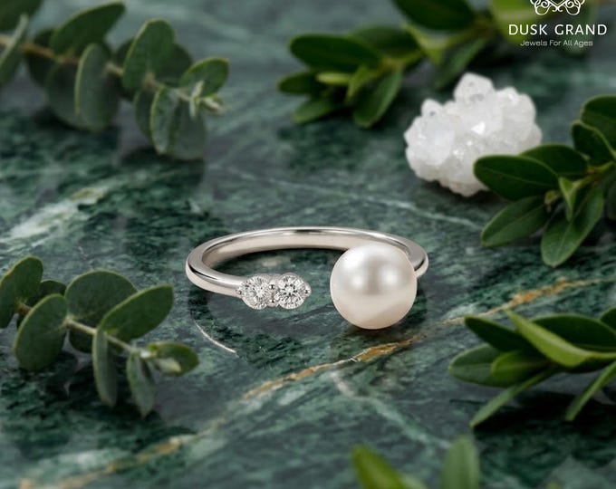 Cultured Freshwater Water Soft White  Colored Pearl with CZ studded, Open End Ring- DuskGrand