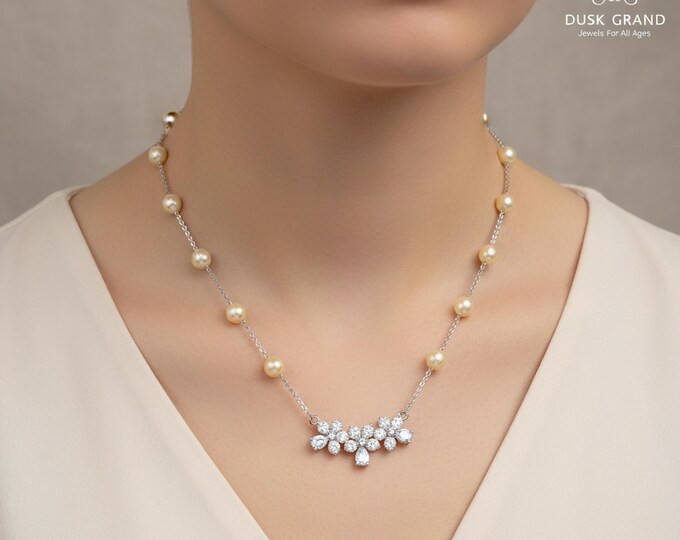 Swarovski Pearl Necklace: CZ Stone Flowers, Adjustable Chain