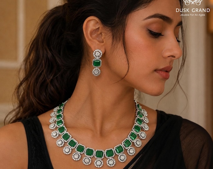 Green Cubic Zirconia Necklace Earrings Set: Silver Victorian Jewelry - DUSKGRAND