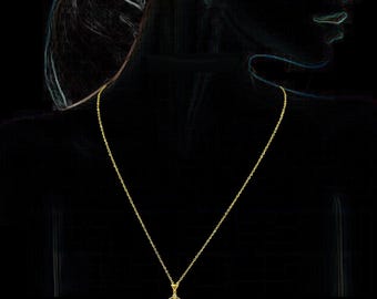 Gold Fan Pendant Necklace: Mother of Pearl & CZ, Asian-Inspired - DUSKGRAND