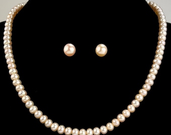Peach Freshwater Pearl Necklace and Earring Set: Silver tone Clasp - DUSKGRAND