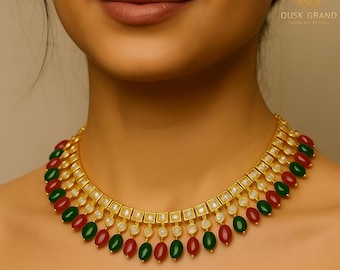 Gold Tone Polki Necklace Set: Kundan Indian Bridal Jewelry - DUSKGRAND