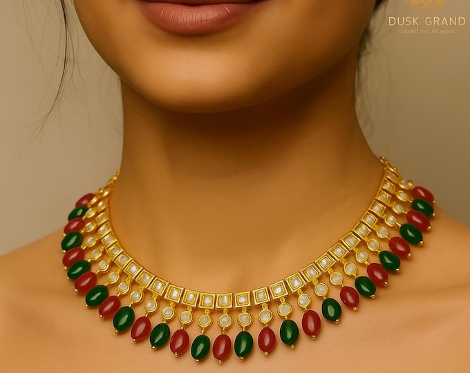 Gold Tone Polki Necklace Set: Kundan Indian Bridal Jewelry - DUSKGRAND