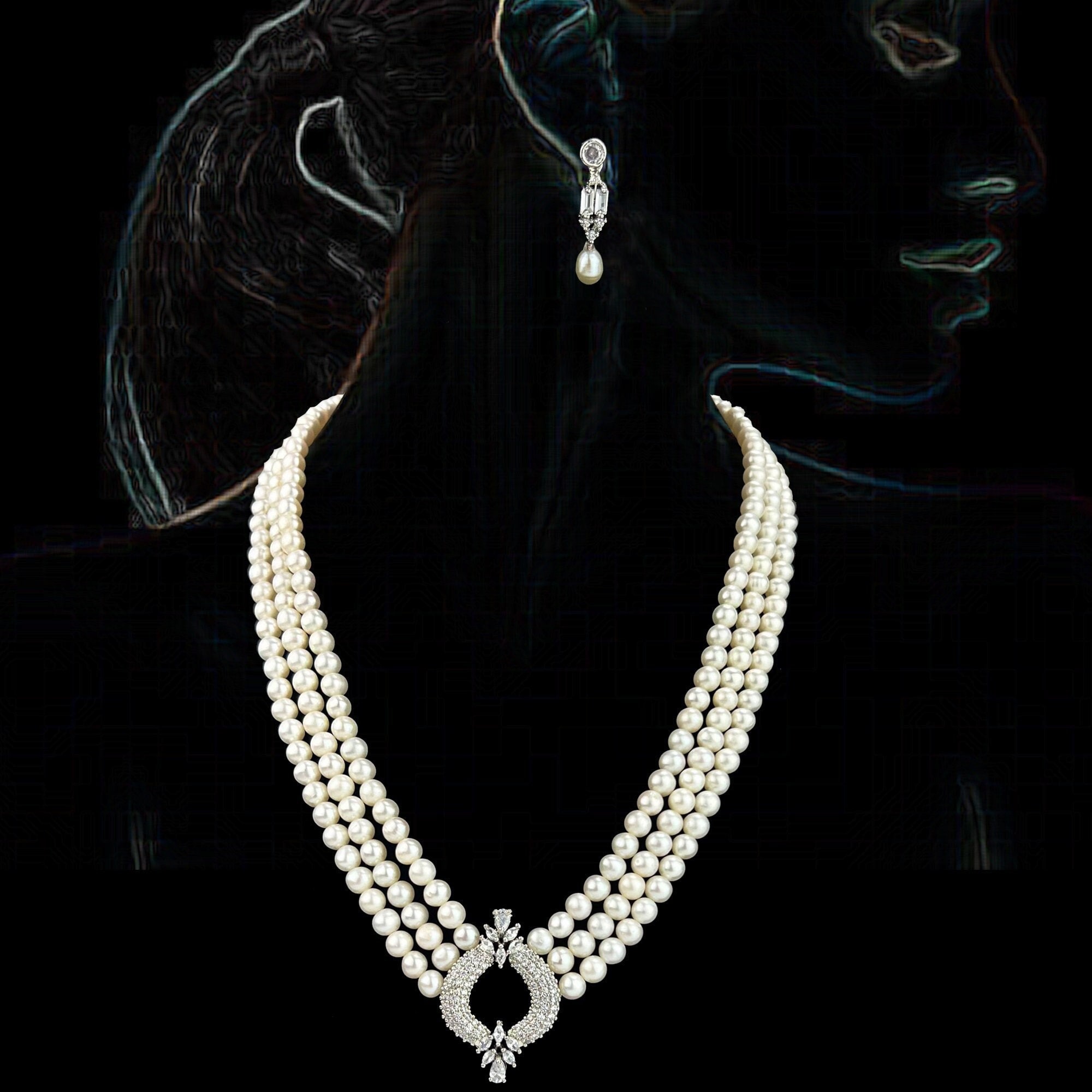 3 Strand Pearl Necklace CZ Pendant With Earrings , Cultured