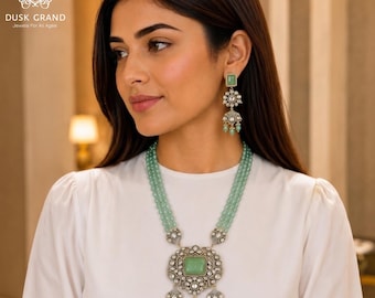Oxidized Gold Kundan Necklace: Nizami Style Green Beads & Mint Pendant - DUSKGRAND