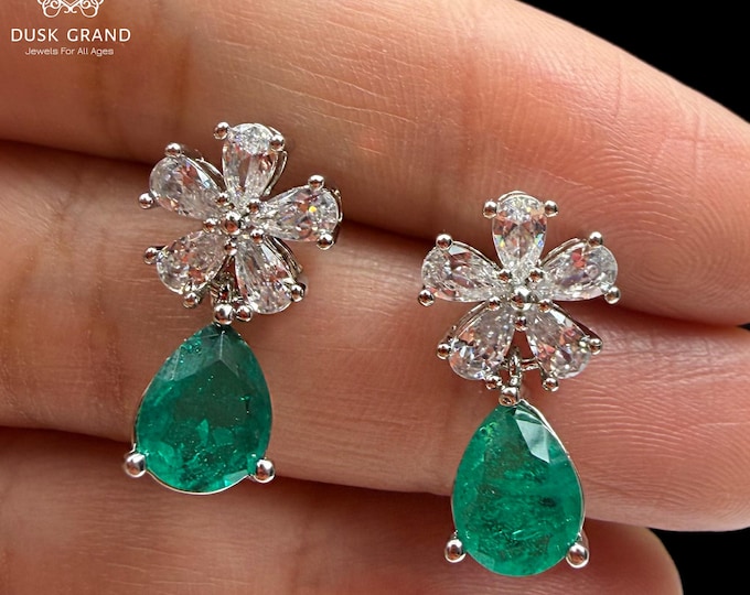 Elegant Green Teardrop Dangle Earrings | Sparkling Flower CZ Crystal Studs | Silver Tone Statement Earrings | Gift for Her - DUSKGRAND