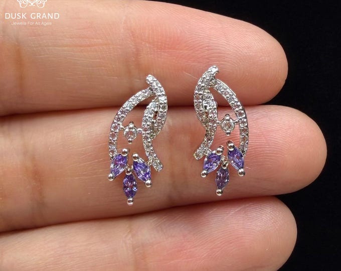 Purple Marquise Stone Stud Earrings | Silver Tone CZ Leaf Design Earrings | Elegant Crystal Studs | Gift for Her - DUSKGRAND