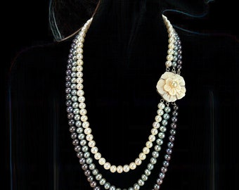 Freshwater Cultured Pearl Necklace, 3 Strand Graduated Pearls, Flower Clasp - DUSKGRAND