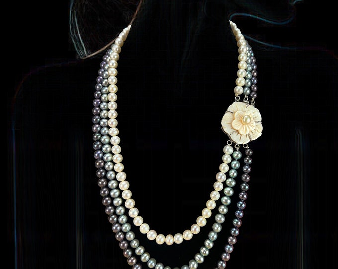Soft White, Black, Silver gray Genuine Freshwater Cultured Pearl Necklace, 3 Strands Graduated Pearls Earrings,Bridesmaids Gift - DuskGrand