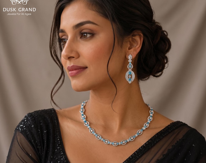 Blue Cubic Zirconia Necklace Earrings Set: Silver Victorian Jewelry - DUSKGRAND