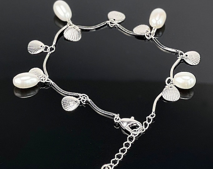 Silver Cultured  Freshwater Pearl Drop Bracelet - DuskGrand