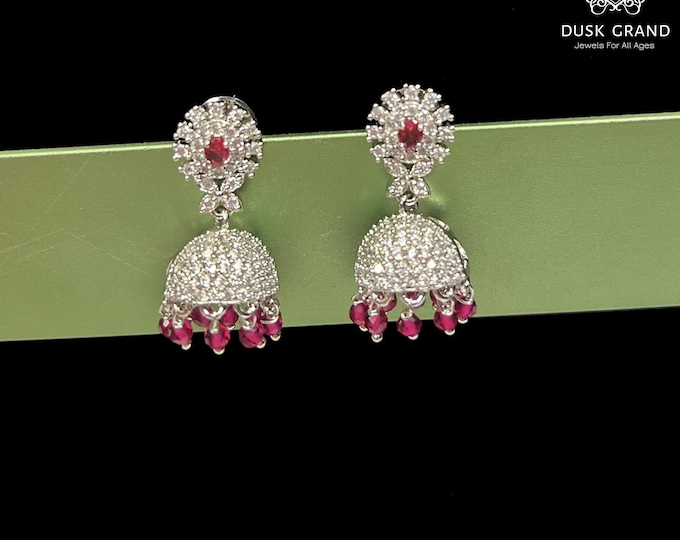 Mini Silver Pink CZ Jhumka Earrings: Indian Pakistani Jewelry - DUSKGRAND