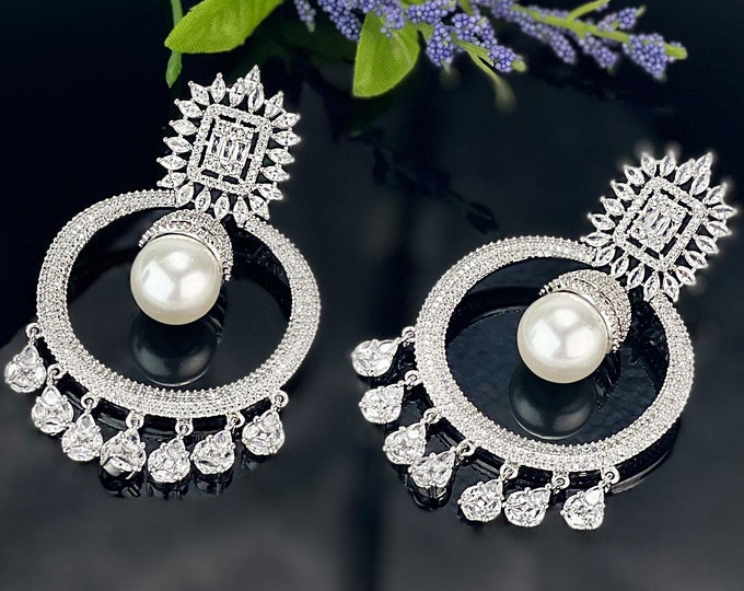 Silver CZ American Diamond Pearl Earrings /Pakistani Jewelry/CZ Jhumka/Indian Jewelry /Indian Earrings/silverlong jhumki/CZ Chandbali Jhumki
