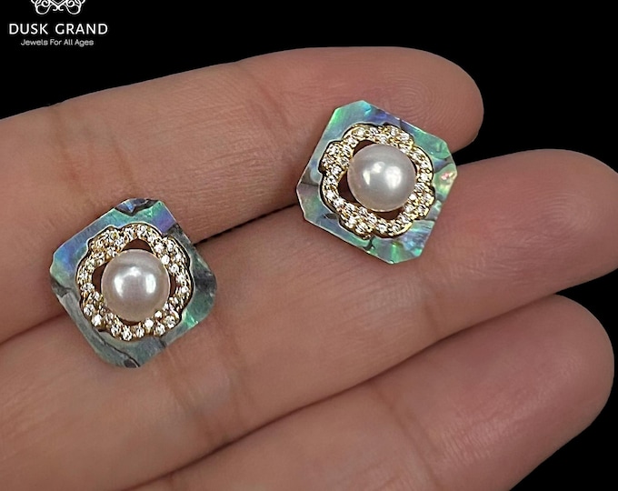 Gold Tone Square Pearl Stud Earrings: Iridescent CZ Accents - DUSKGRAND