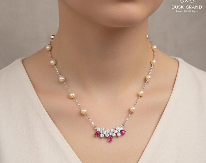 Swarovski Pearl Necklace: Pink CZ Stone Flowers, Adjustable Chain