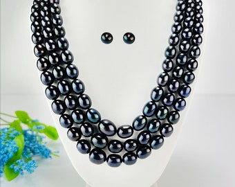 Black Genuine Freshwater Cultured Pearl Necklace, 3 Strands Graduated PearlsAAA +Earrings,  Bridesmaids Gift, Gift box - DuskGrand