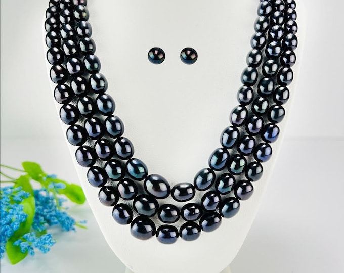 Black Genuine Freshwater Cultured Pearl Necklace, 3 Strands Graduated PearlsAAA +Earrings,  Bridesmaids Gift, Gift box - DuskGrand