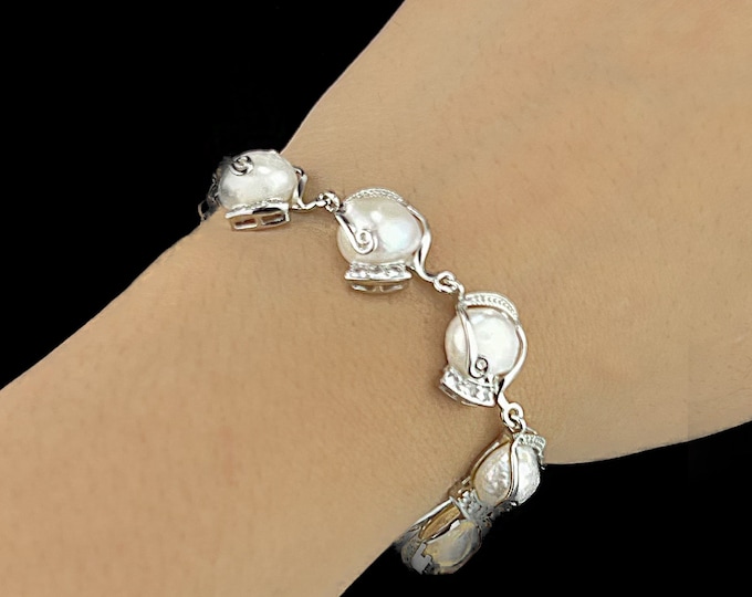 Silver Pearl Bracelet, Adjustable  - DuskGrand