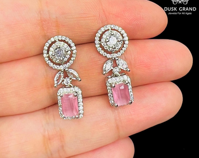 CZ & Pink Stone Dangle Drop Earrings: Bridal Jewelry - DUSKGRAND