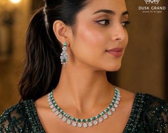Green Stone Necklace Earrings Set: Silver Choker, Victorian CZ Jewelry - DUSKGRAND