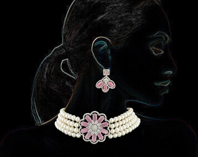 4 Strand Pearl Choker, Pink CZ Pendant choker,With Earrings , Cultured Pearls, Gift , Wedding Jewelry DuskGrand