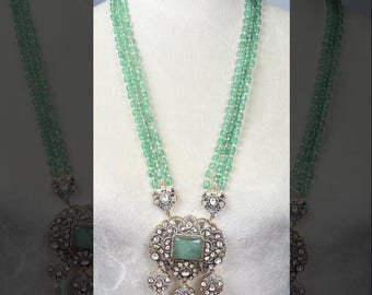 Oxidized Gold Kundan Necklace: Nizami Style Green Beads & Mint Pendant - DUSKGRAND