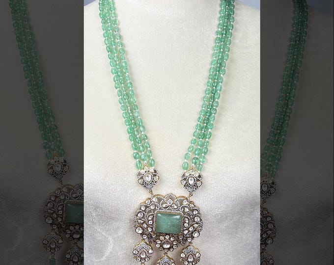 Oxidized Gold Kundan Necklace: Nizami Style Green Beads & Mint Pendant - DUSKGRAND