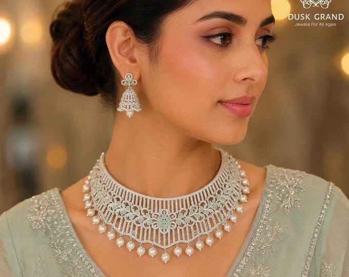 Mint Green CZ Diamond Necklace Earrings Set: Victorian Silver Bridal Jewelry - DUSKGRAND