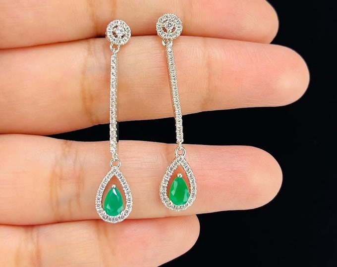 Cz  Emerald (green stone) Drop  Earrings + gift, bridesmaids, valentines gift - DUSKGRAND