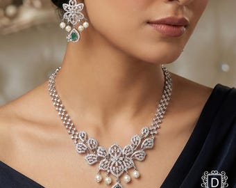 Silver Necklace & Earrings Set: Mint Green Stone CZ Bridal Jewelry - DUSKGRAND