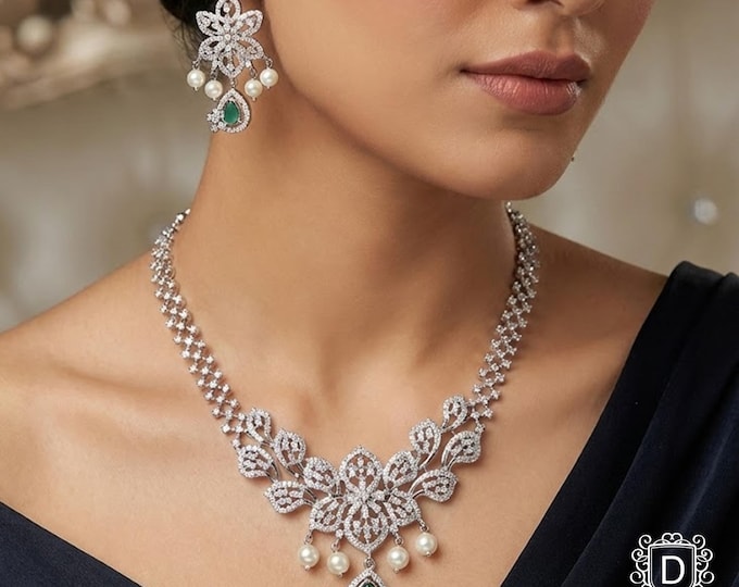 Silver Necklace & Earrings Set: Mint Green Stone CZ Bridal Jewelry - DUSKGRAND