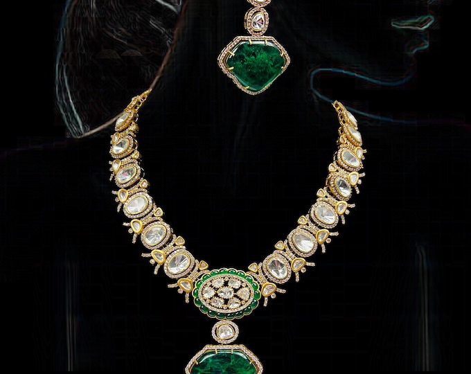 Kundan Choker Necklace Set: Green Polki Pendant, Gold Plated Indian Jewelry - DUSKGRAND