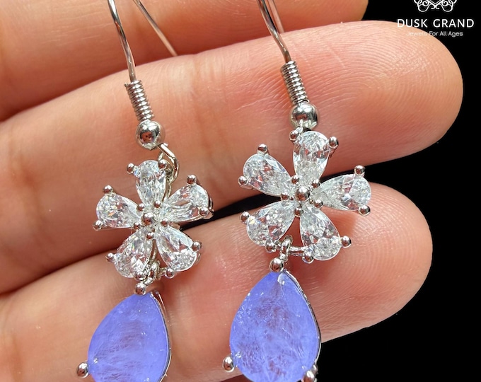 Elegant Purple Teardrop Dangle Hoop Earrings | Sparkling Flower CZ Crystal Studs | Silver Tone Statement Earrings | Gift for Her - DUSKGRAND