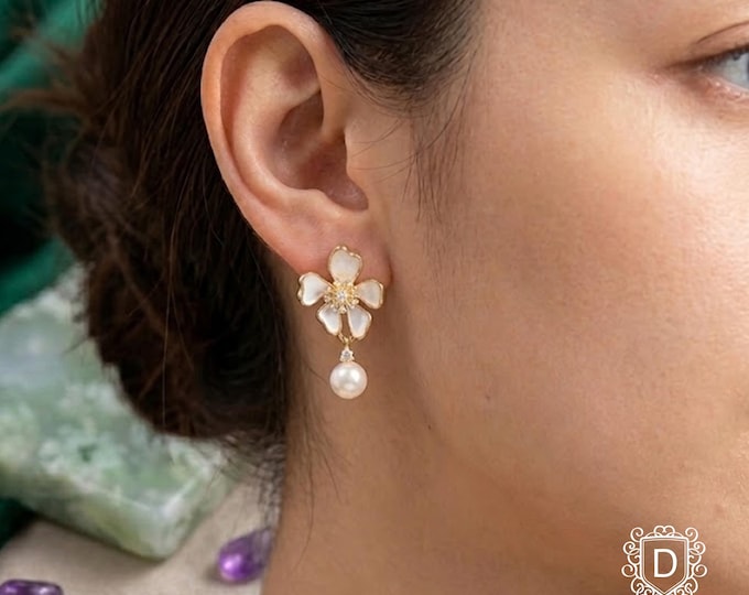 Gold Tone Pearl Drop Flower Earrings, Wedding Bridal Jewelry, Elegant Gift for Her