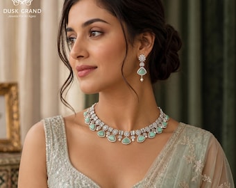 Green CZ Diamond Necklace Earrings Set: Silver Indian Choker, Shell Pearl - DUSKGRAND