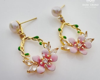 Pink Flower Pearl Drop Earrings: Gold Tone Floral CZ Dangle - DUSKGRAND