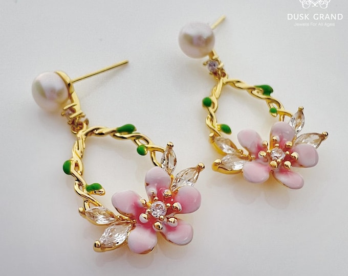Pink Flower Pearl Drop Earrings: Gold Tone Floral CZ Dangle - DUSKGRAND