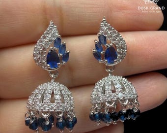 Mini Silver Blue CZ Jhumkas/  CZ Jhumka/ Indian Jewelry/ Pakistani Jewelry/ Indian Wedding Earrings